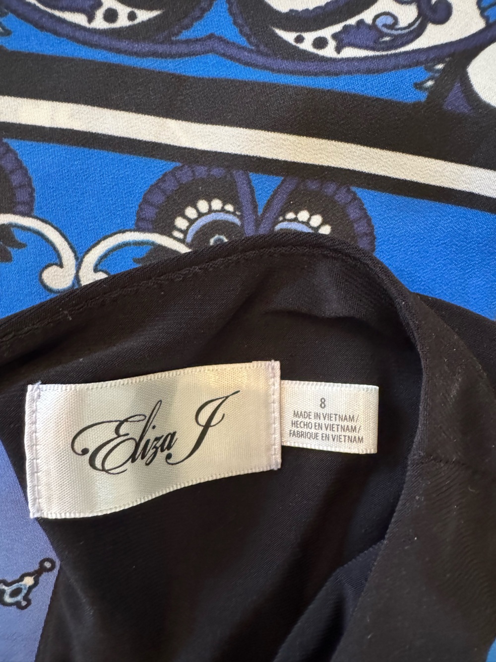 Eliza J Blue Scarf-Print Maxi Dress with Black Bodice and Blue Waist Tie - Picture 7 of 9
